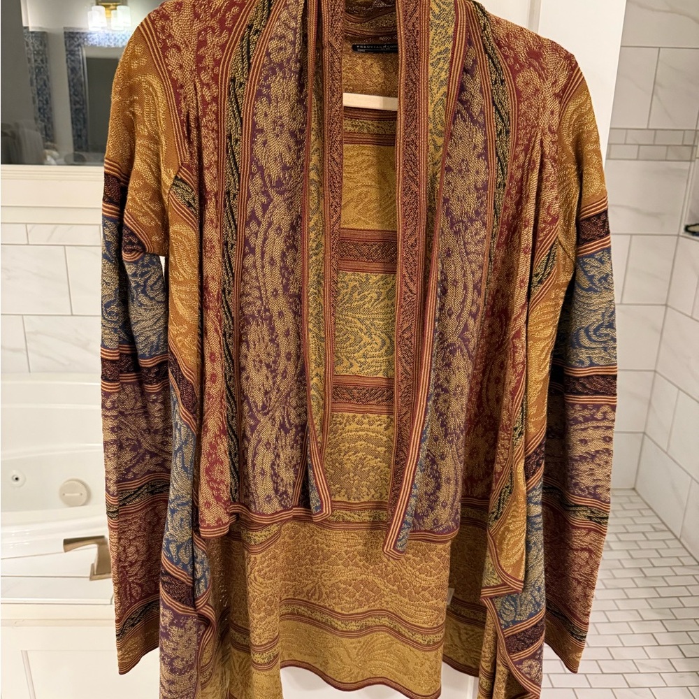 Peruvian Connection Gold and Wine Patterned Waterfall Cardigan
